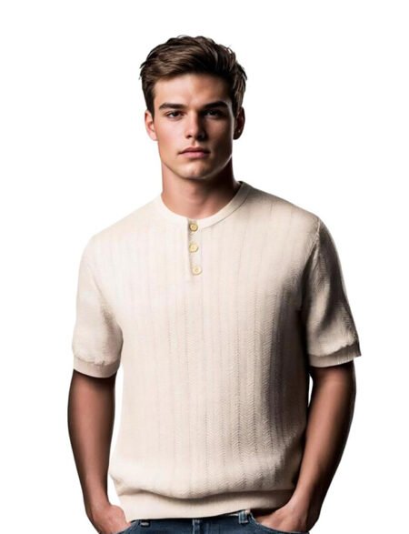 BEIGE TRIKO ROUND NECK BUTTON